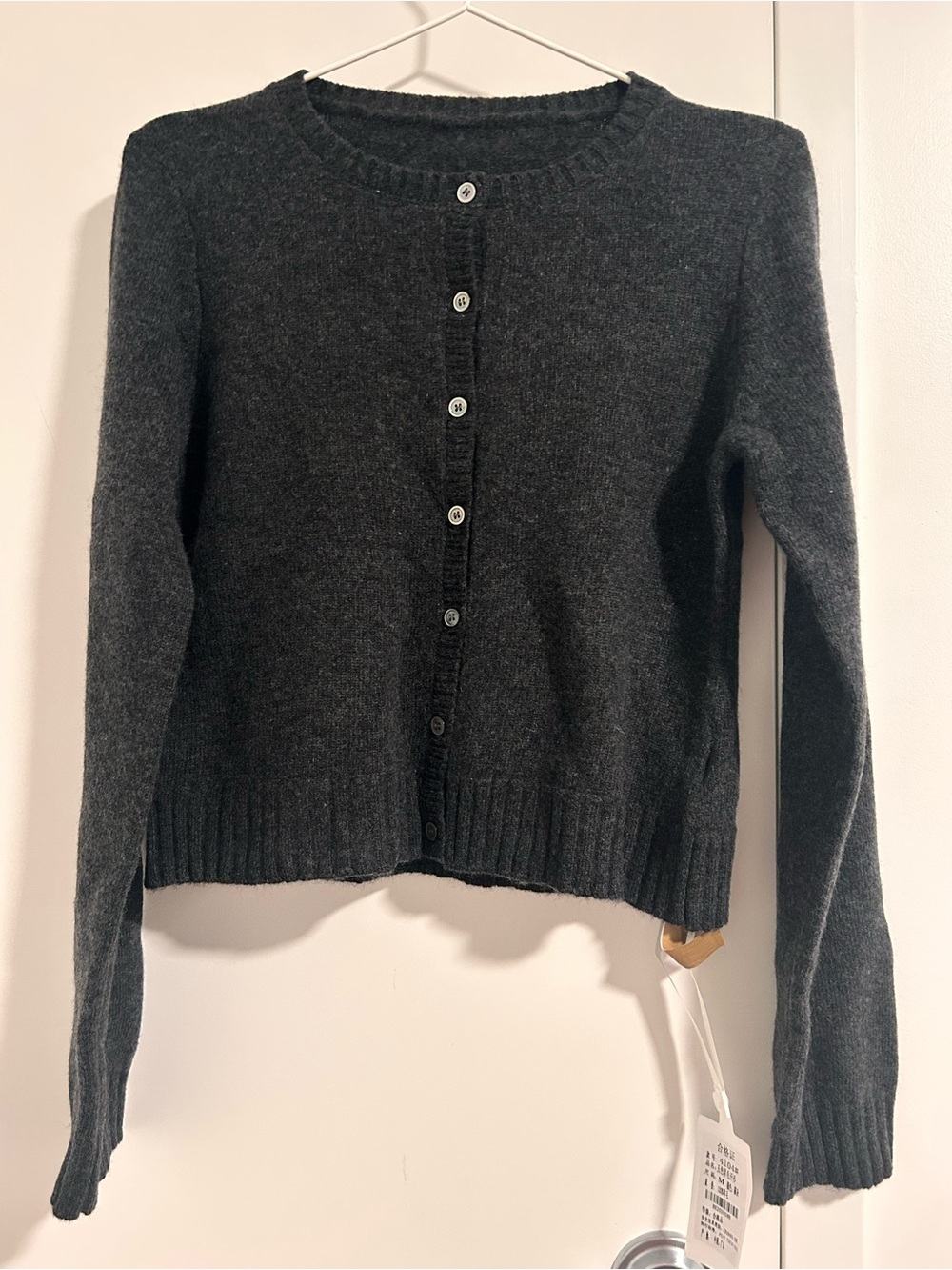 Charcoal Crewneck Button-Front 100% Wool Cardigan